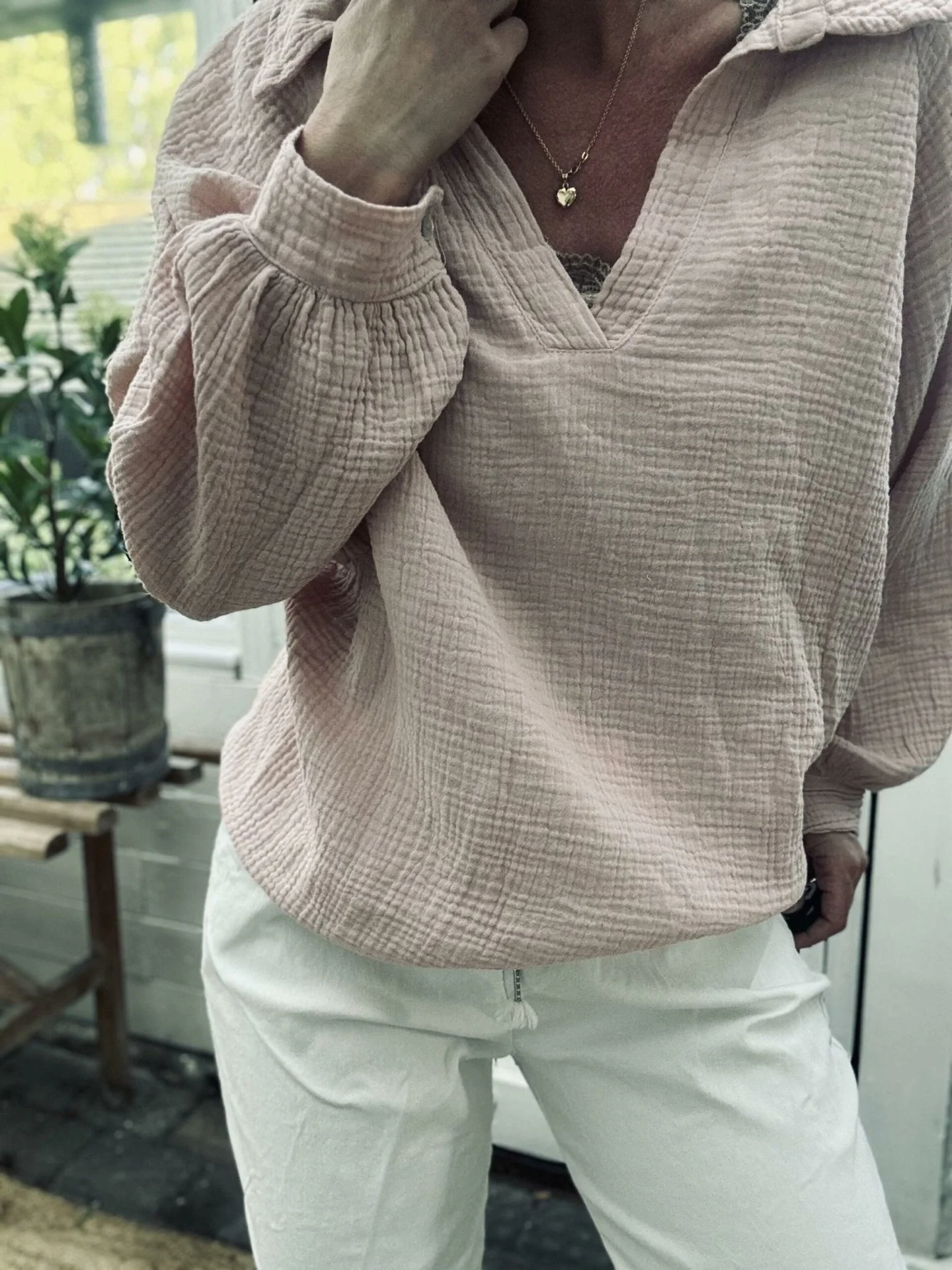 Bluse i vaflet bomull - Rose - Image 2