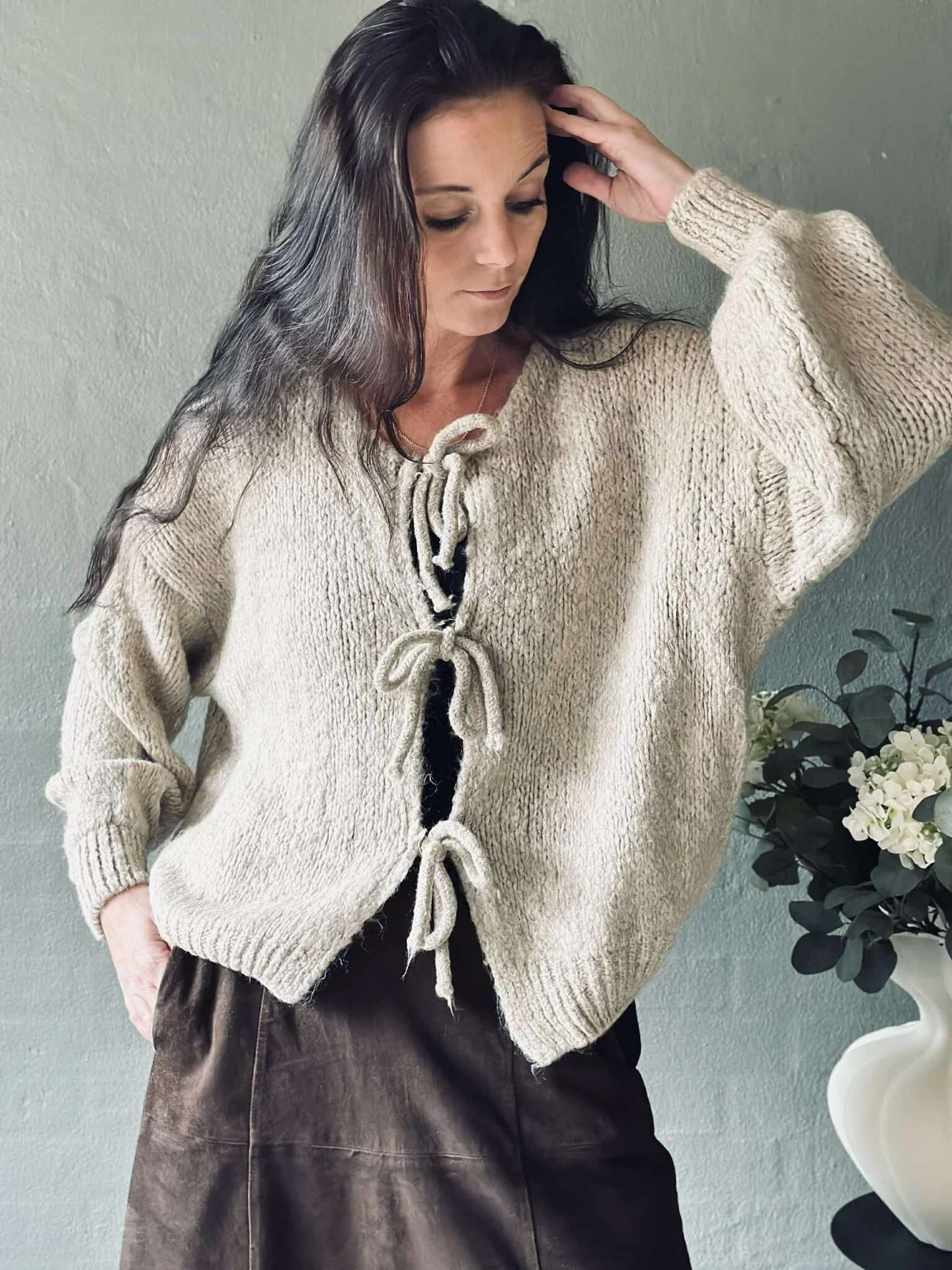 Cardigan med sløyfer - Beige - Image 5