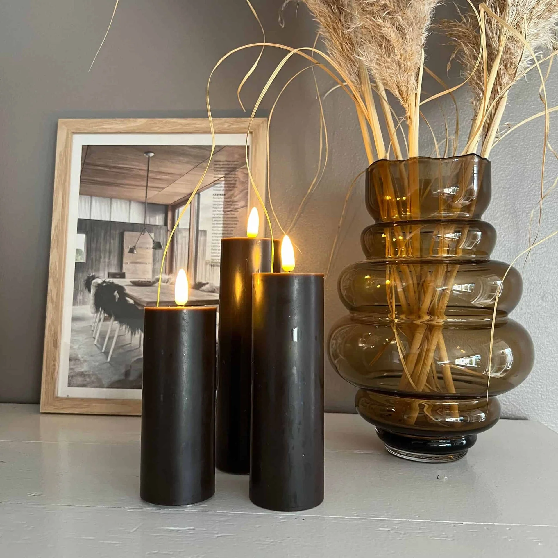 LED Bloklys / Brown – 3 stk. Lys – Inkl. fjernkontroll