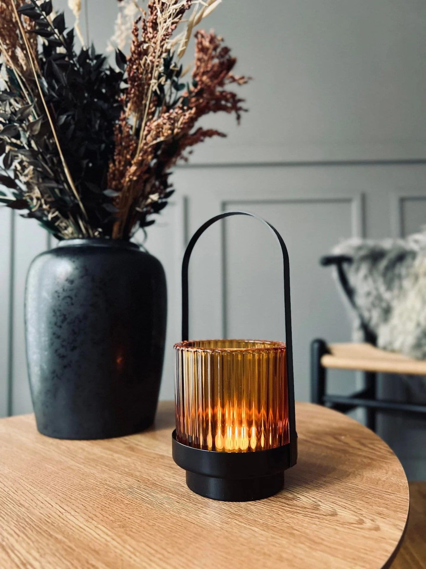 Lysestake / lanterne m. hank - Ravfarget glass