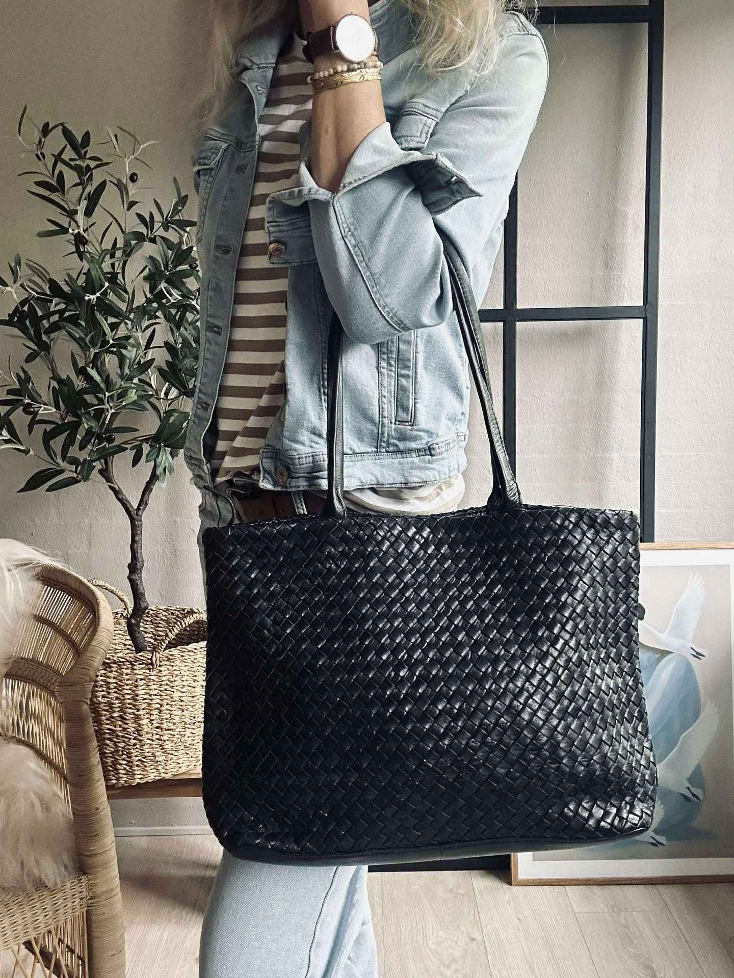 Shopper i flettet skinn - Black - Image 2