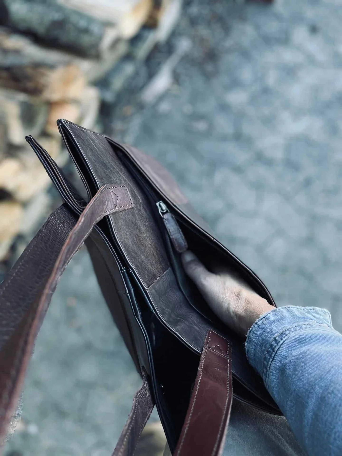 Shopper i kraftig resirkulert lær – Brown - Image 7